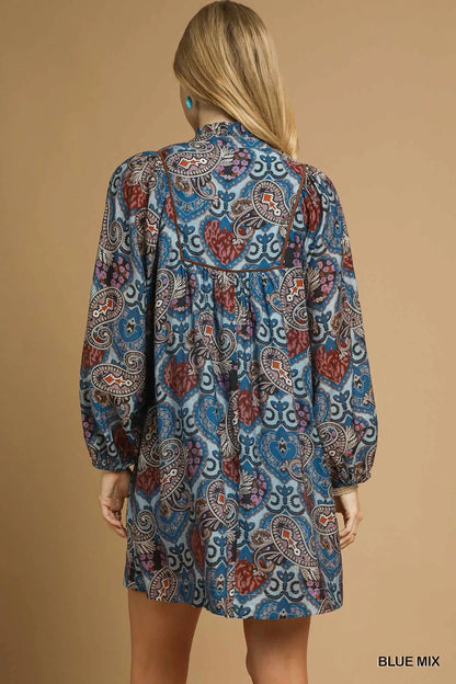 Umgee Bohemian Paisley Print Babydoll Mini Dress with Balloon Sleeves