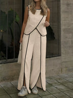 Contrast-Trim Top & Wide-Leg Pants Co-Ord Set