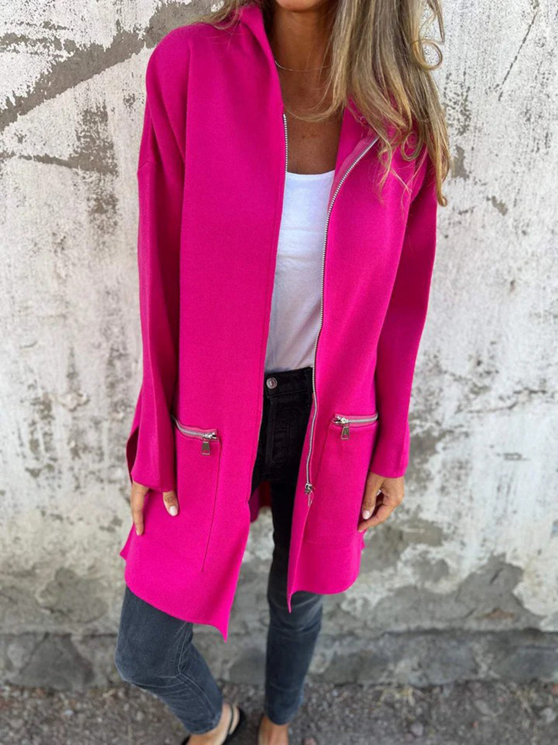 Full-Length Zip-Up Drop-Shoulder Hooded Jacket Hot Pink