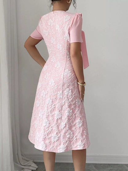 Bow Detail Square Neck Short Sleeve Midi Dress