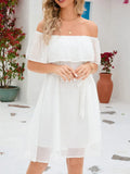 Off-Shoulder Sheer Mini Dress - Belted & Lined White