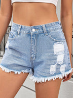 Edgy Raw Hem Distressed Denim Shorts Light Blue