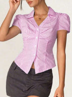 Striped Short Sleeve Button-Up Shirt with Collared Neck