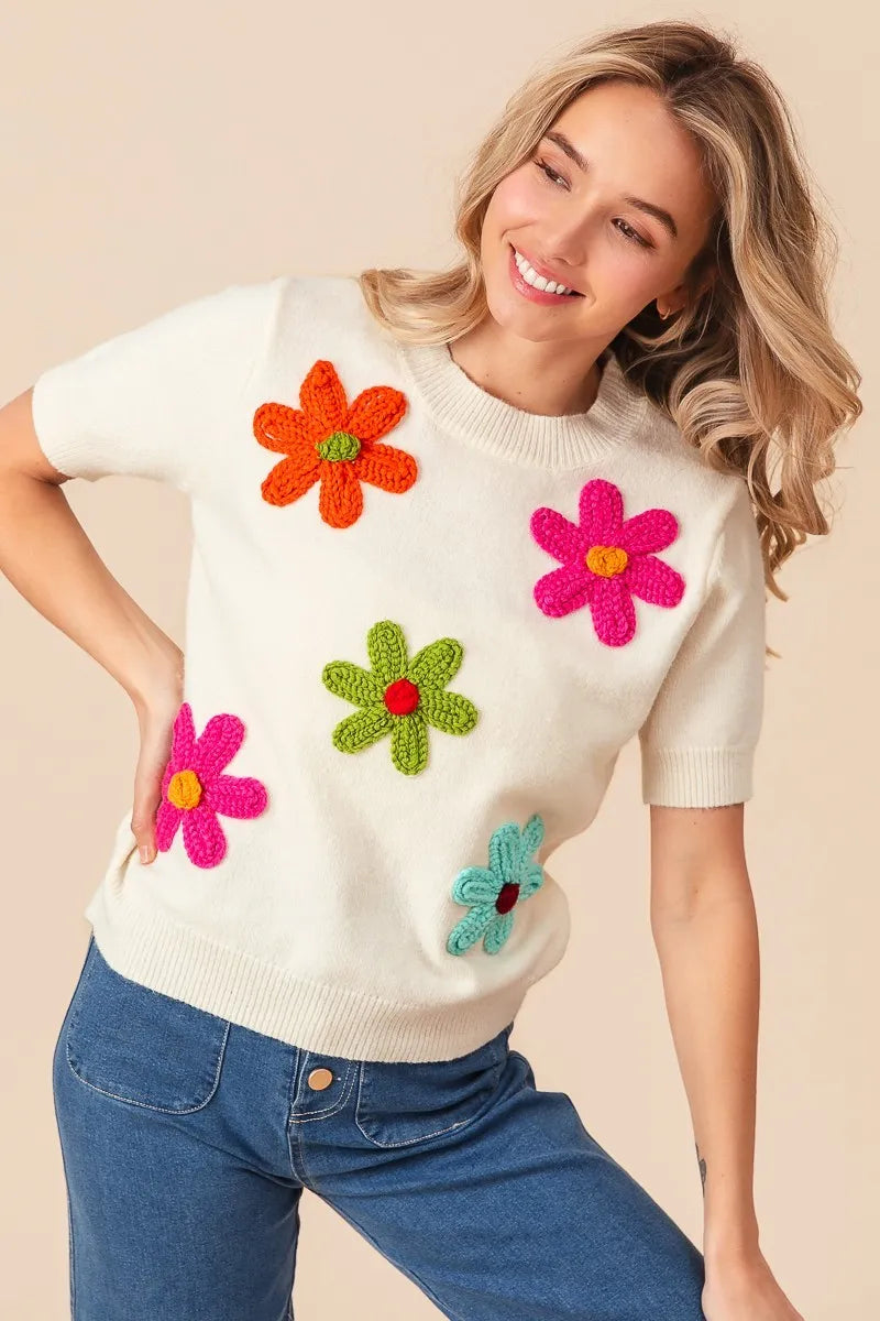 BiBi Crochet Daisy Patch Knit Sweater Top