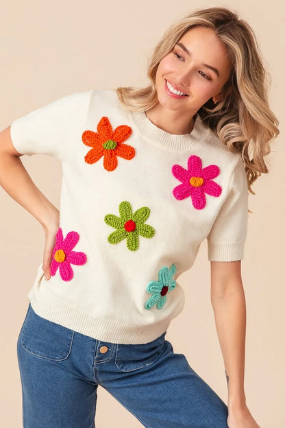 BiBi Crochet Daisy Patch Knit Sweater Top