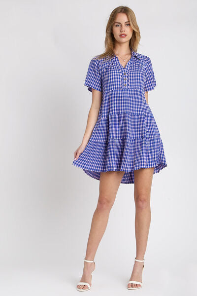 Umgee Full Size Gingham Tiered Button Detail Short Sleeve Dress