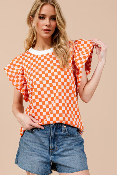 Oh Checkered Round Neck Puff Sleeve Blouse Tangerine
