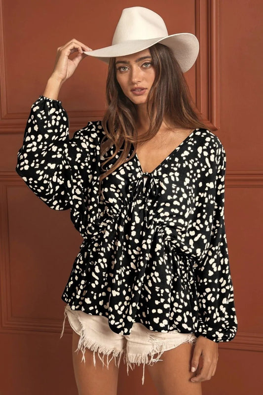 BiBi Leopard Print Woven V-Neck Top with Tied Spaghetti Straps Black