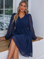 Swiss Dot Mesh V-Neck Dress with Balloon Sleeves Navy