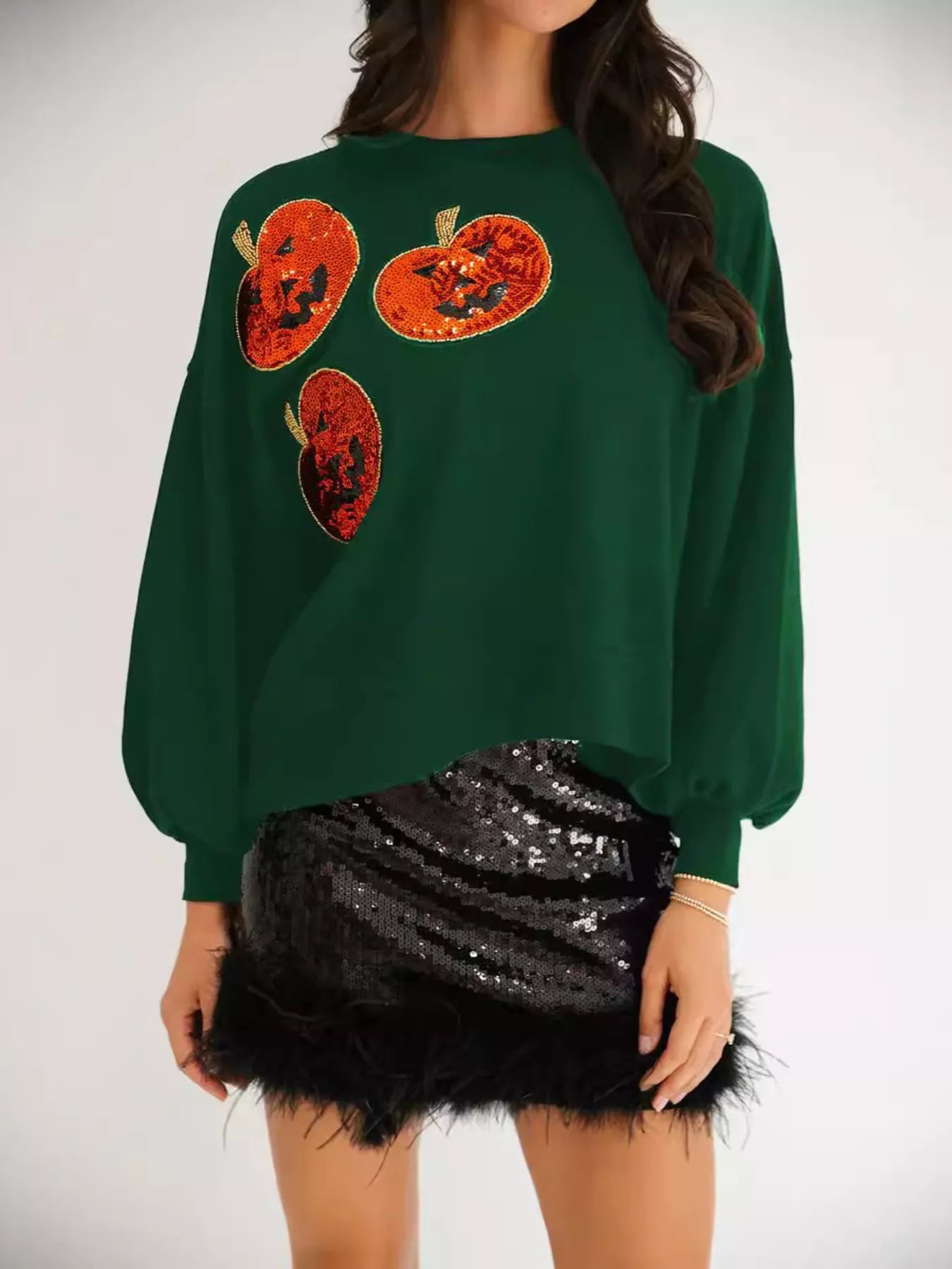 Sequin Halloween Pumpkin Round Neck Sweatshirt Green