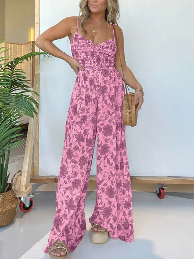Full Size Printed Spaghetti Strap Wide Leg Jumpsuit - Trendy & Chic