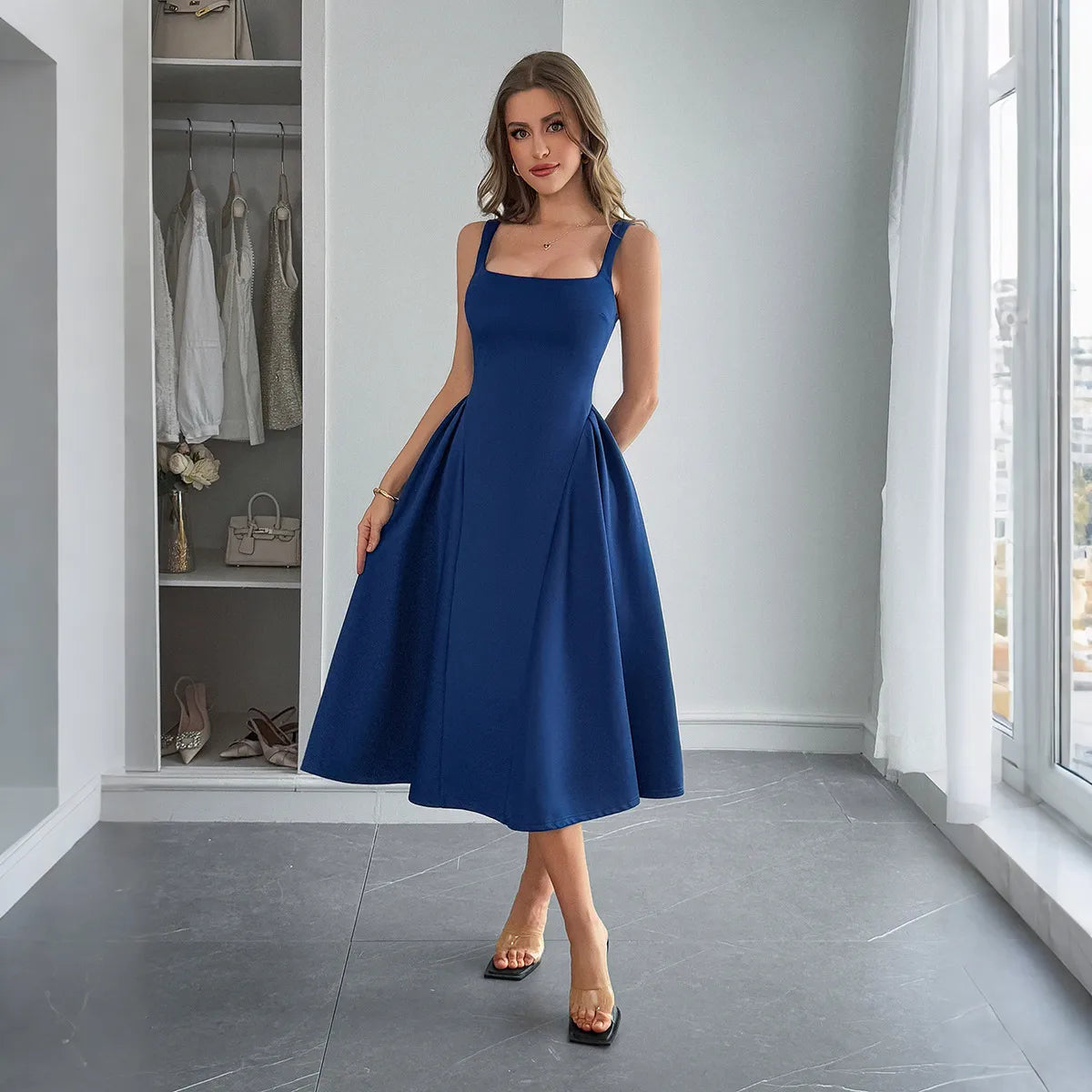 Square Neck Wide Strap Midi Dress Navy