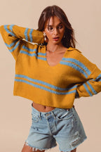 SO ME Fuzzy Striped Deep U-Neck Sweater – Oversized Cozy Top