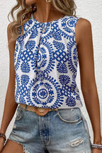 Printed Sleeveless Crew Neck Top - Lightweight Style Blue