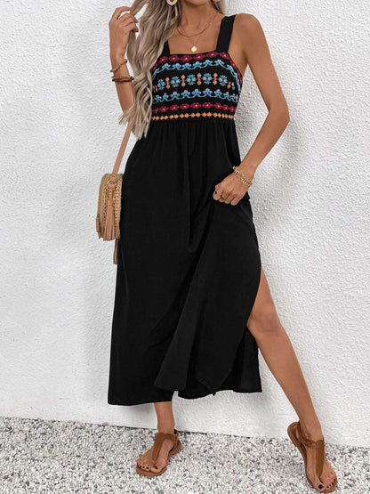 Perfee Embroidered Floral Side Slit Sleeveless Midi Dress