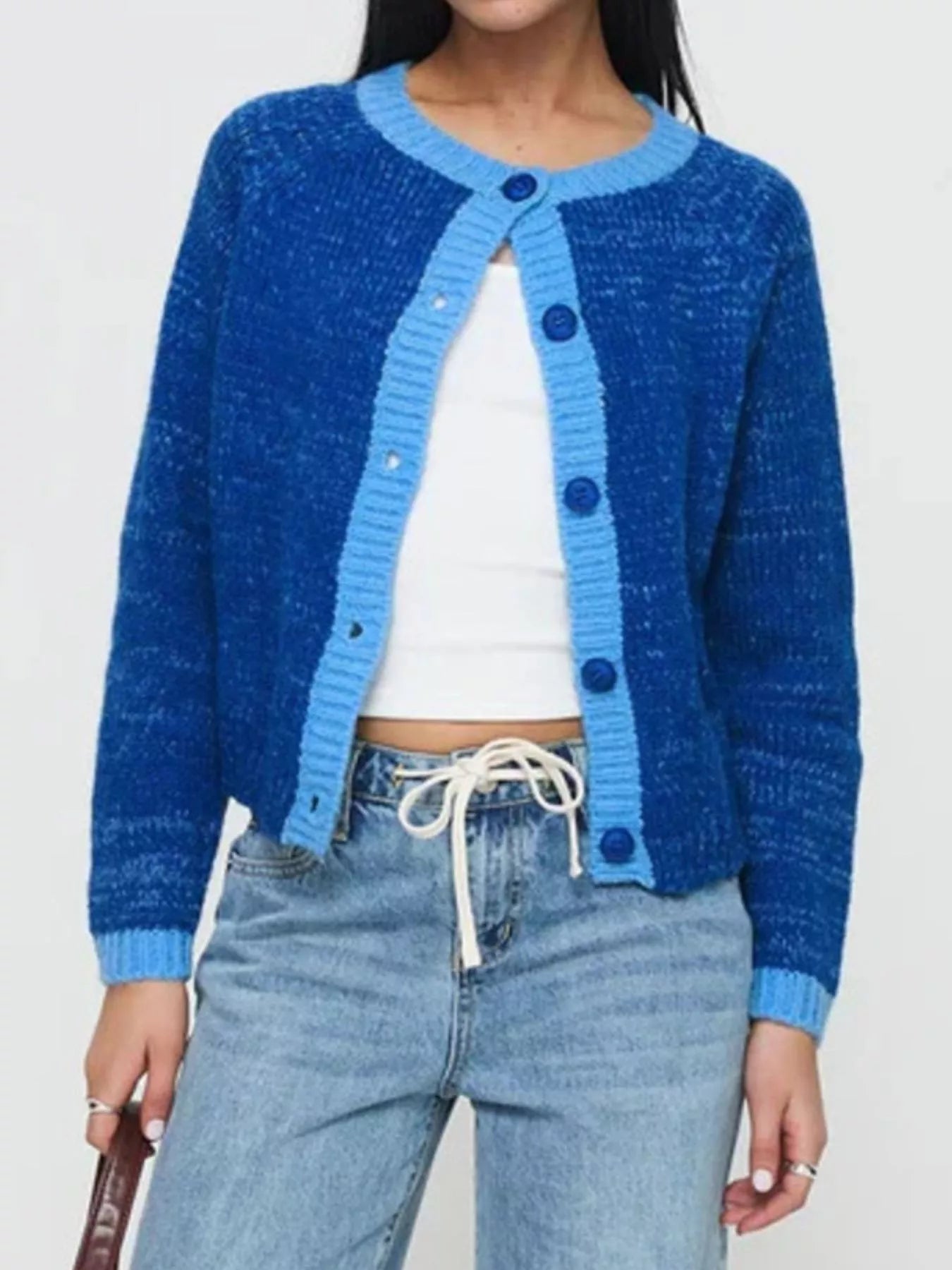 Contrast Trim Knit Button-Up Cardigan