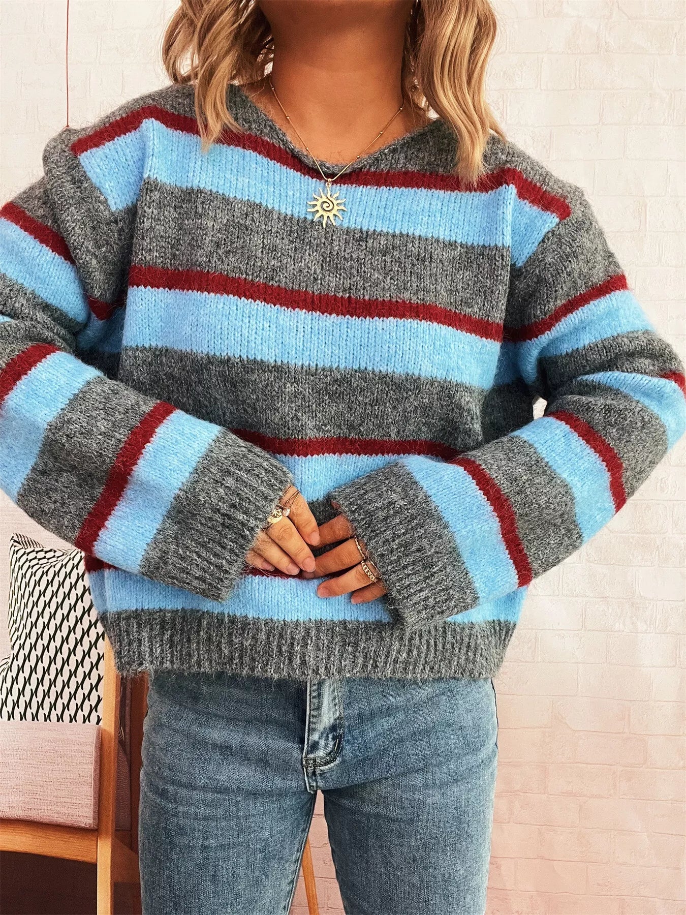 Striped Ribbed Round Neck Long Sleeve Sweater