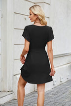 Tied Button-Up Short Sleeve Mini Shirt Dress