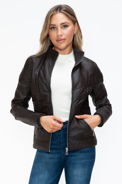 YMI Faux Layered Double-Zipper Jacket with Cozy Fuzzy Hood