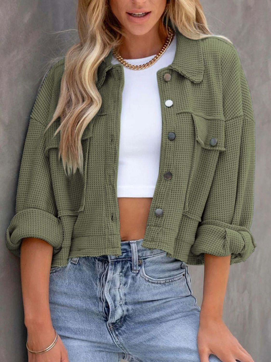 Button-Up Long Sleeve Jacket Moss