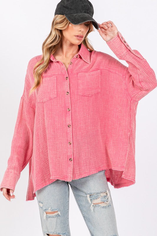 SAGE + FIG Frayed Hem Button-Down Shirt with Side Slits Pink