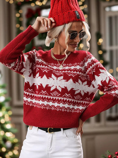 Cozy Snowflake Pattern Round-Neck Winter Sweater