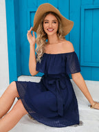 Off-Shoulder Sheer Mini Dress - Belted & Lined