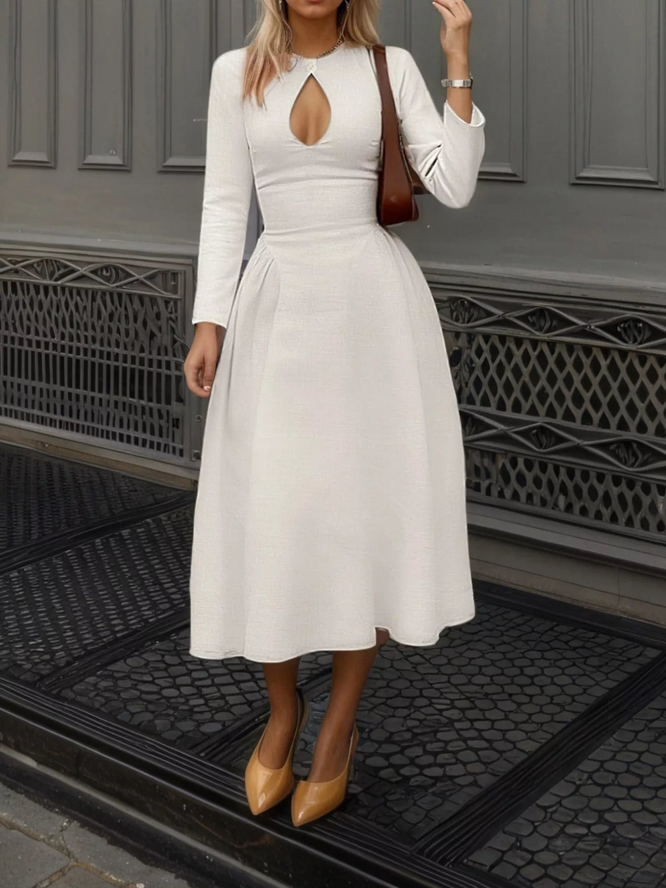 Cutout Front Long Sleeve A-Line Maxi Dress