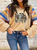 Western Horses Sequin Bubble Sleeve Sweatshirt Tan