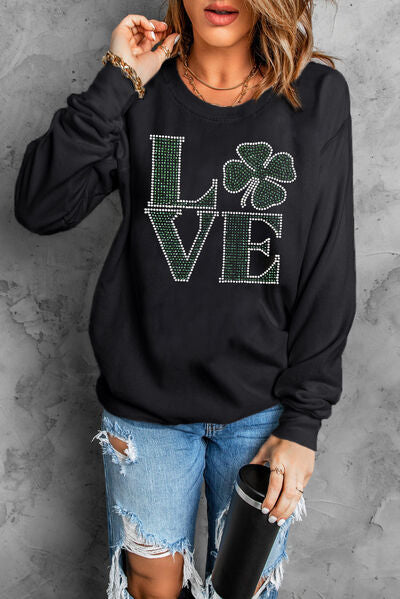LOVE Rhinestone Clover Sweatshirt - Sparkly, Comfortable, and Stylish