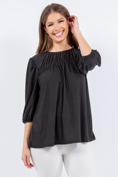 Celeste Full Size Puff Sleeve and Bow Detail Top Black