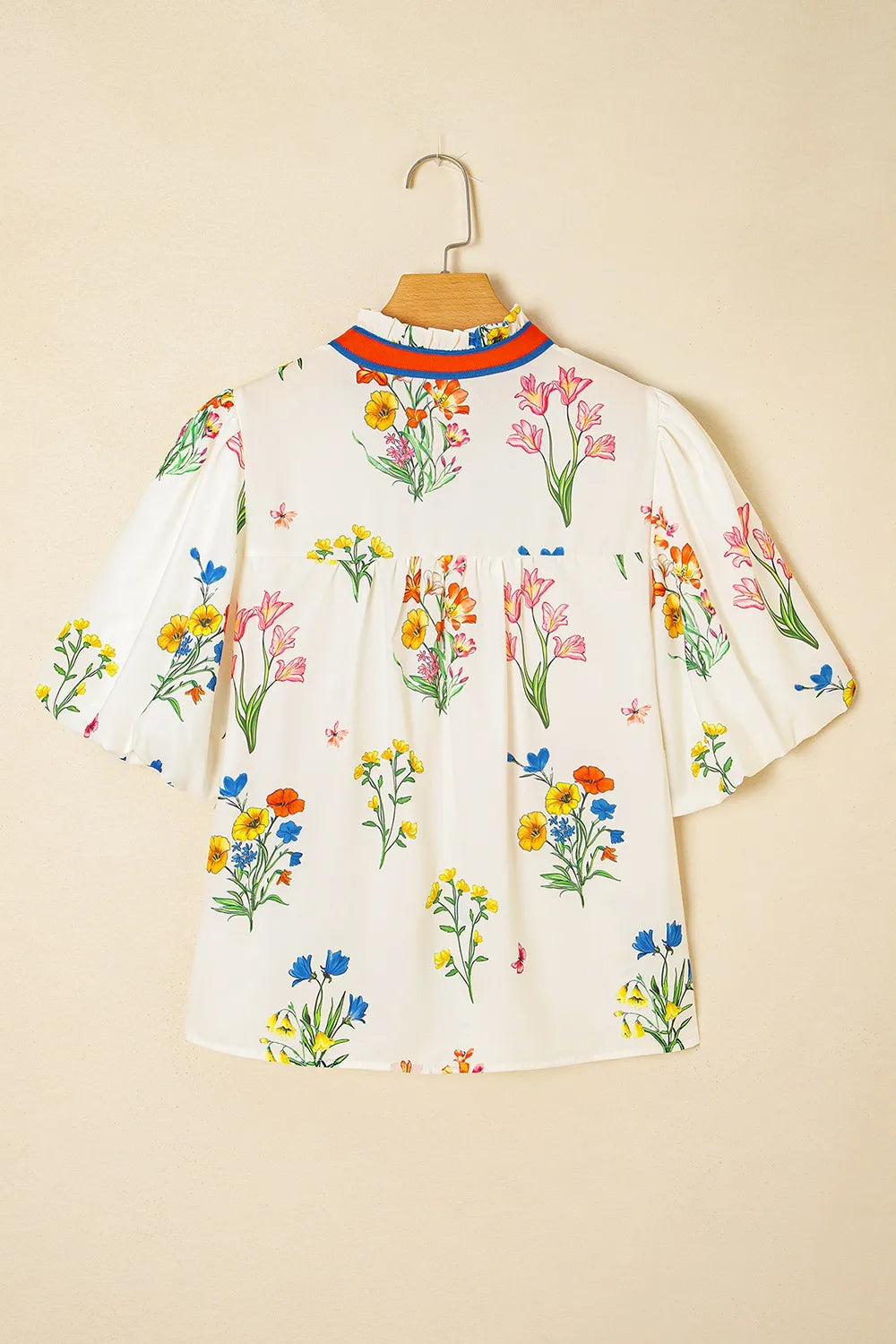 BloomEase Puff Sleeve Floral Notched Blouse
