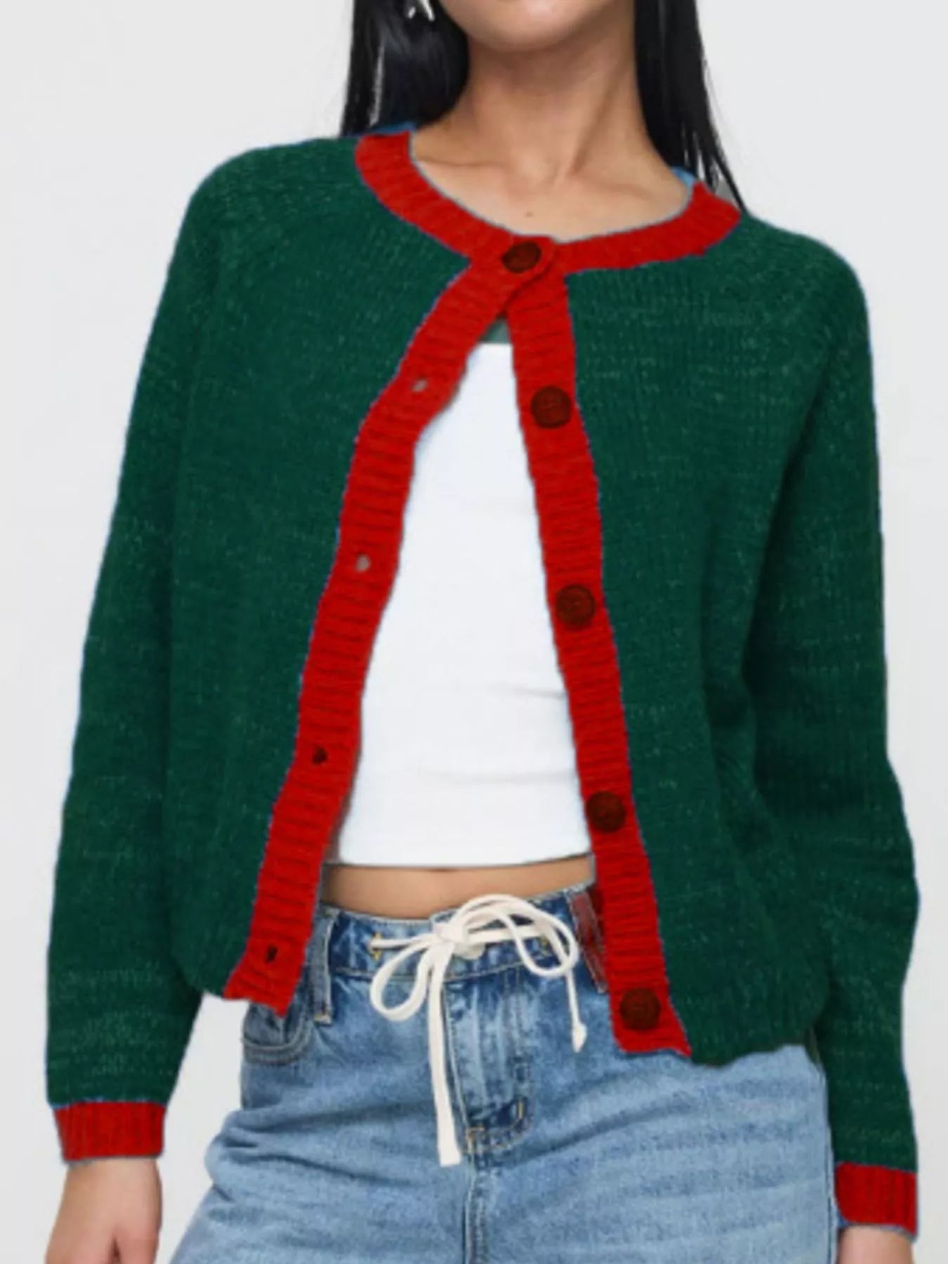 Contrast Trim Knit Button-Up Cardigan Dark Green