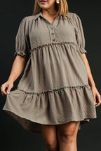 Umgee Full Size Plaid Frill Button Detail Ruffled Short Sleeve Dress