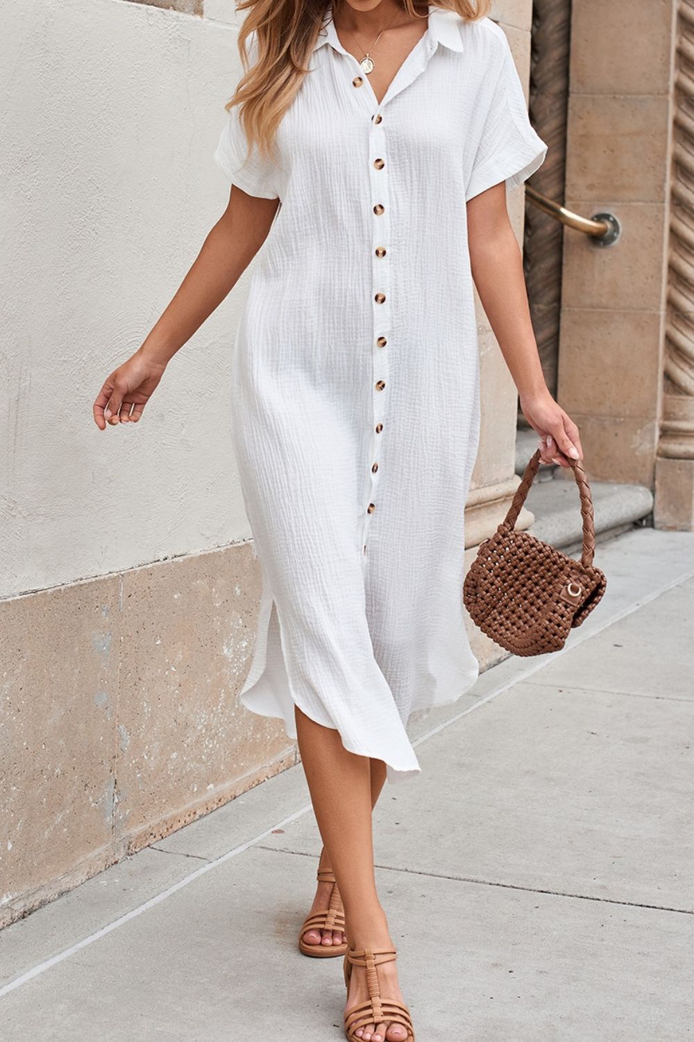 Button Down Short Sleeve Midi Shirt Dress - Elegant & Versatile