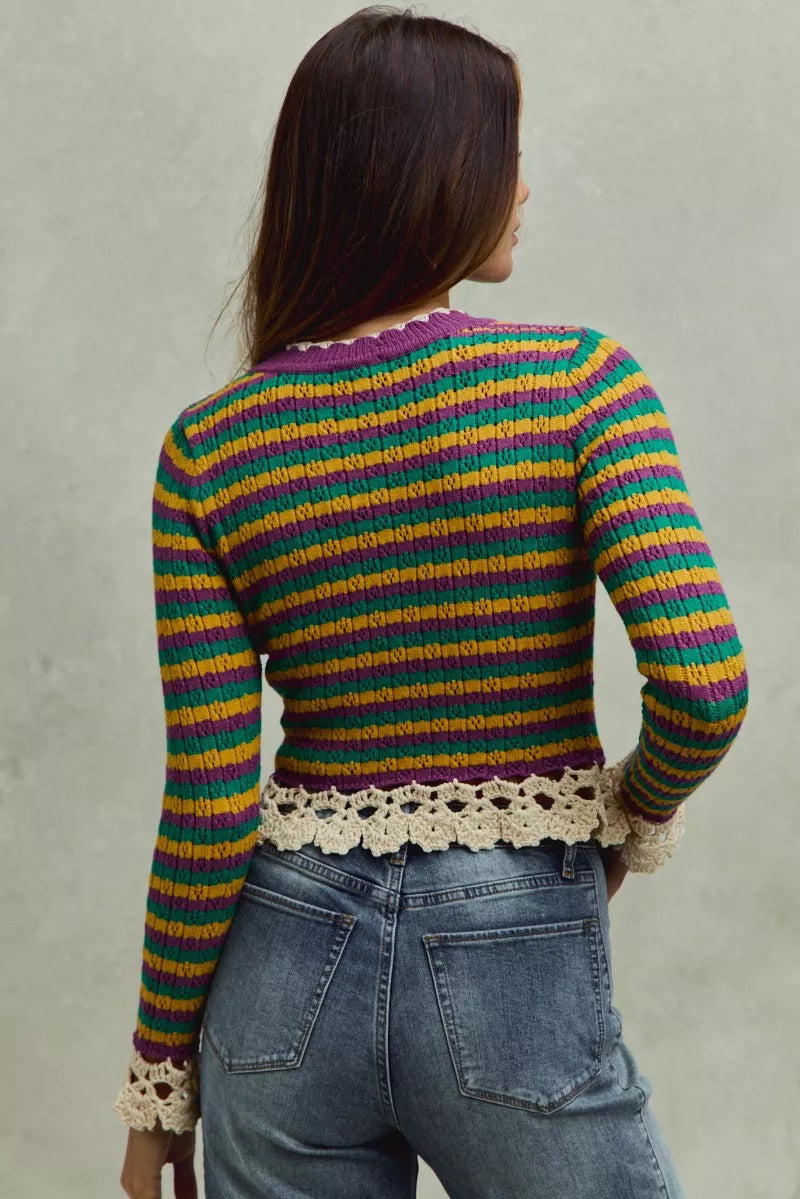 SO ME Mardi Gras Striped Crochet-Trim Cropped Knit Top