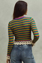 SO ME Mardi Gras Striped Crochet-Trim Cropped Knit Top