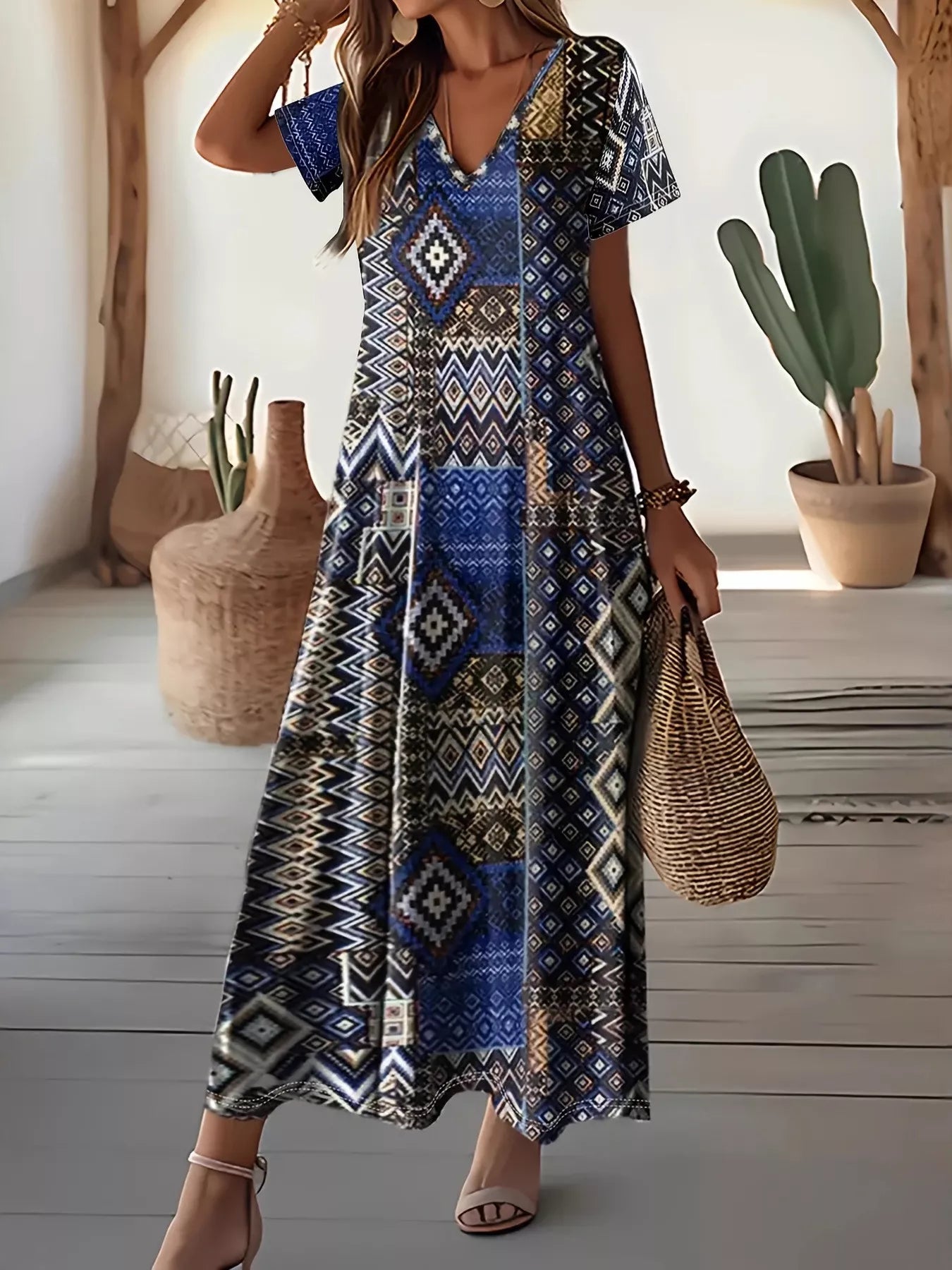 Plus Size Geometric Print V-Neck Maxi Dress with Short Sleeves Navy