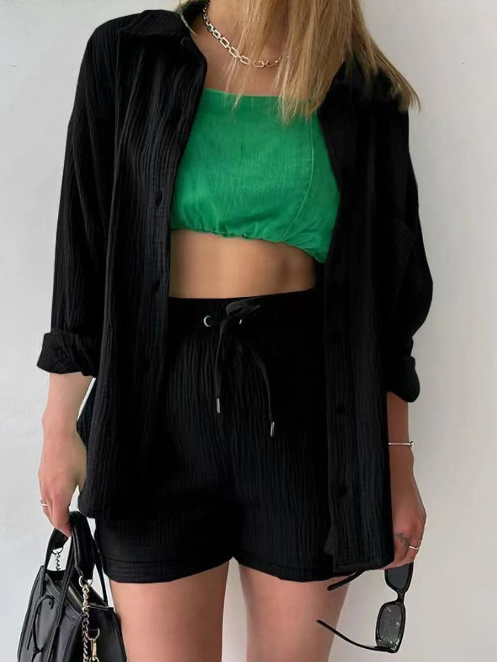 Chic Textured Button-Up Shirt & Shorts Two-Piece Set