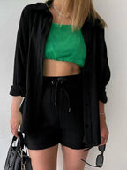 Chic Textured Button-Up Shirt & Shorts Two-Piece Set