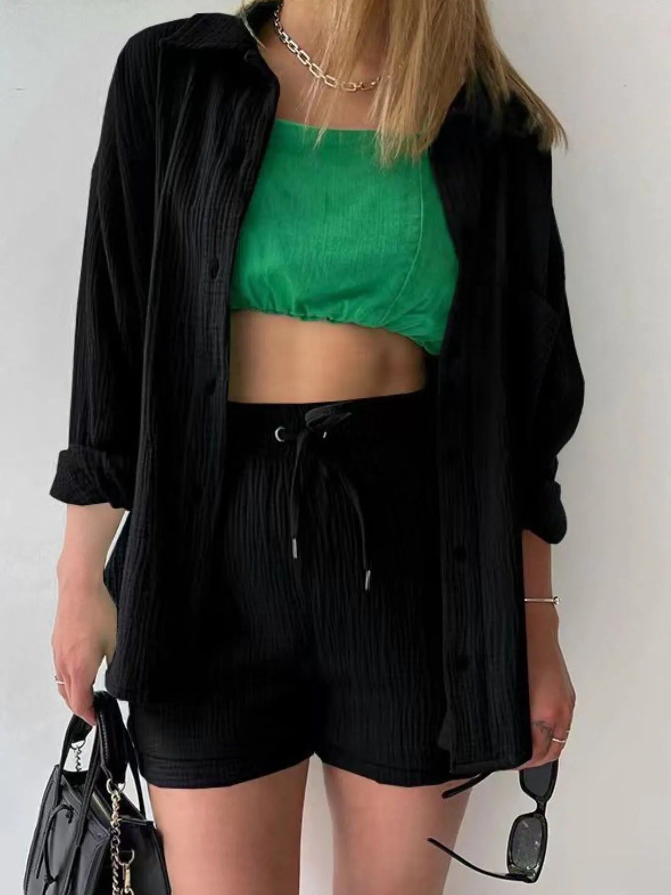 Chic Textured Button-Up Shirt & Shorts Two-Piece Set