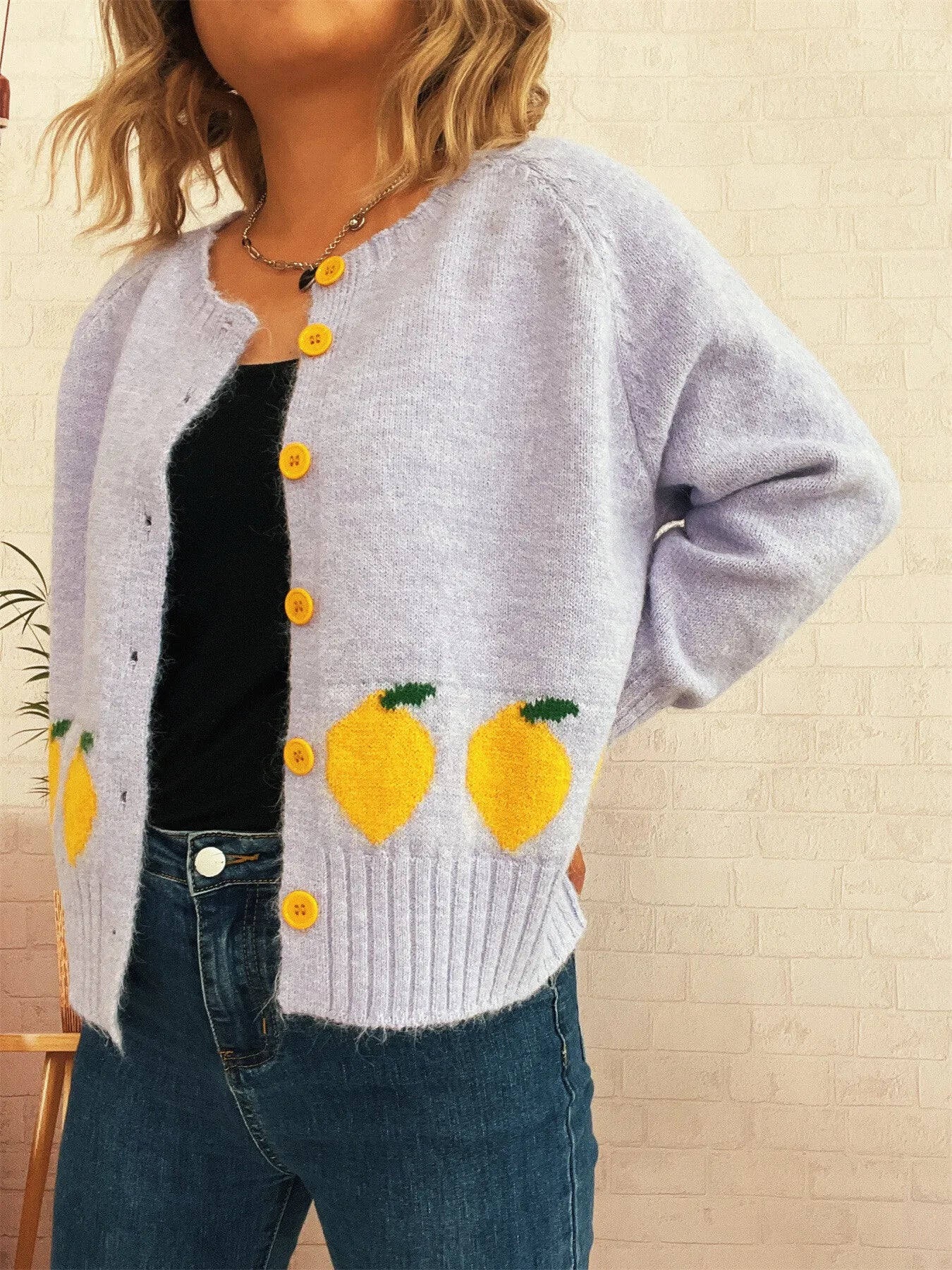 Chic Lemon Pattern Button-Up Cardigan – Playful Knitwear for Everyday Style Gray One size