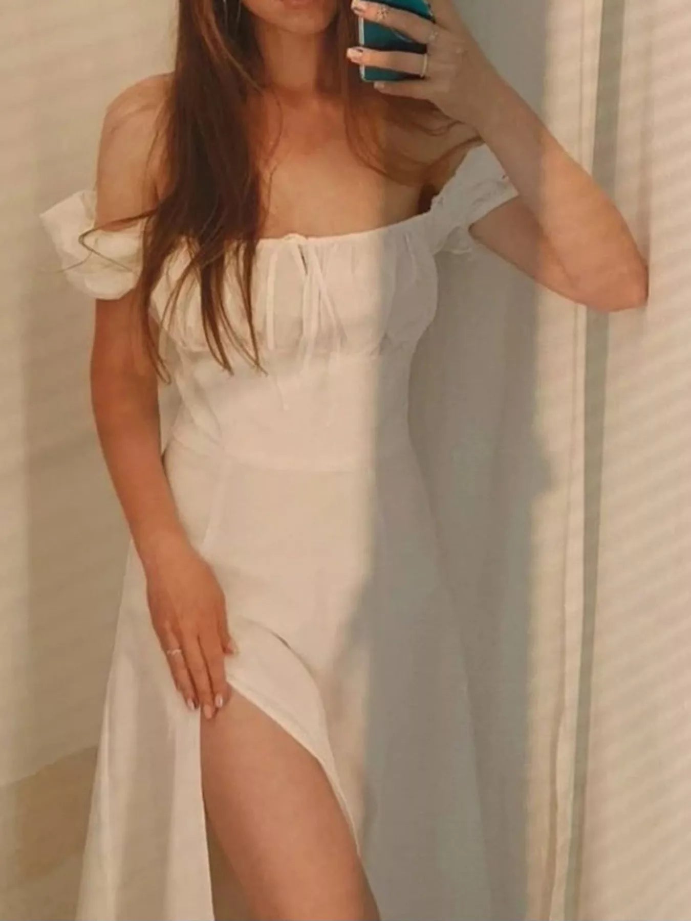 Full-Size Ruched Tie-Waist Slit Midi Dress White