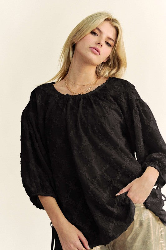 Davi & Dani Adjustable Tie Neck Mesh Blouse