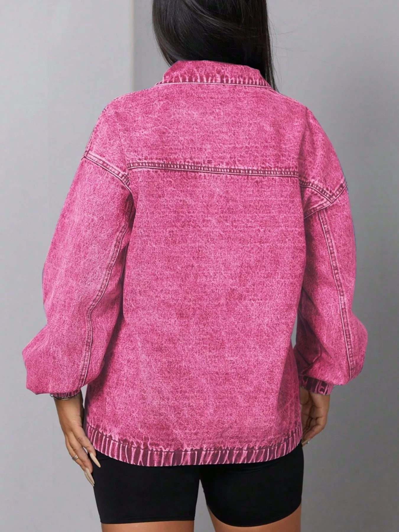 Zip Collar Long Sleeve Denim Shirt Top