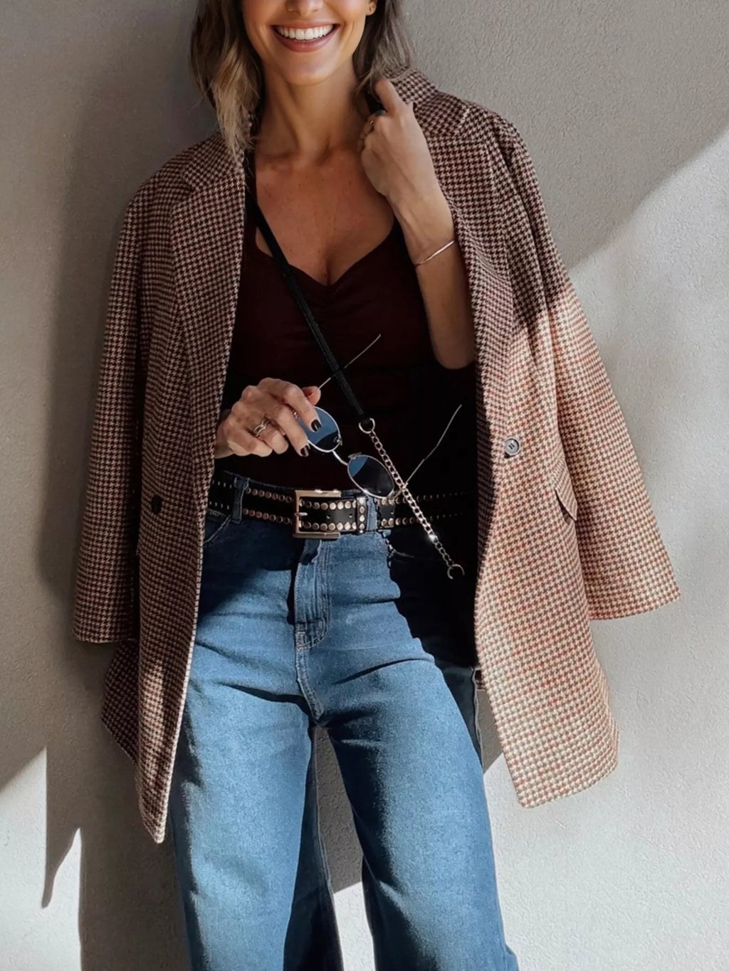 Chic Houndstooth Lapel Collar Blazer – Stylish Buttoned Women’s Outerwear