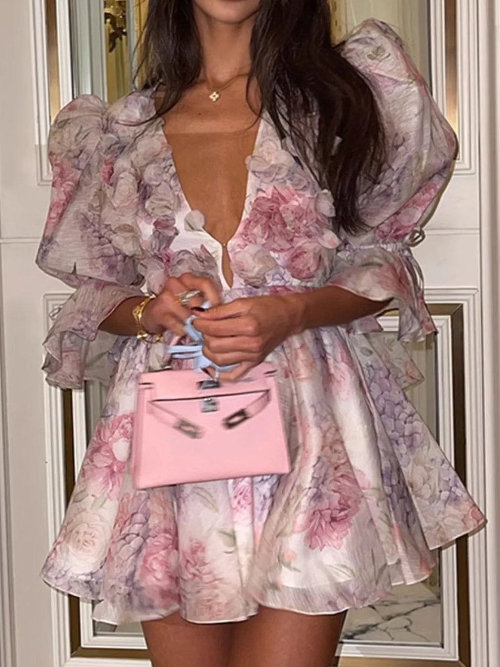 Floral Print Ruffled Mini Dress with Deep V-Neck Pink