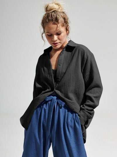 Textured Long Sleeve Collared Shirt - 100% Cotton Black