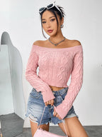 Off-Shoulder Cable-Knit Long Sleeve Sweater Top