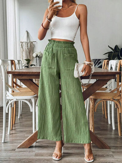 Elastic Waist Wide-Leg Pants with Pockets - Comfy & Chic